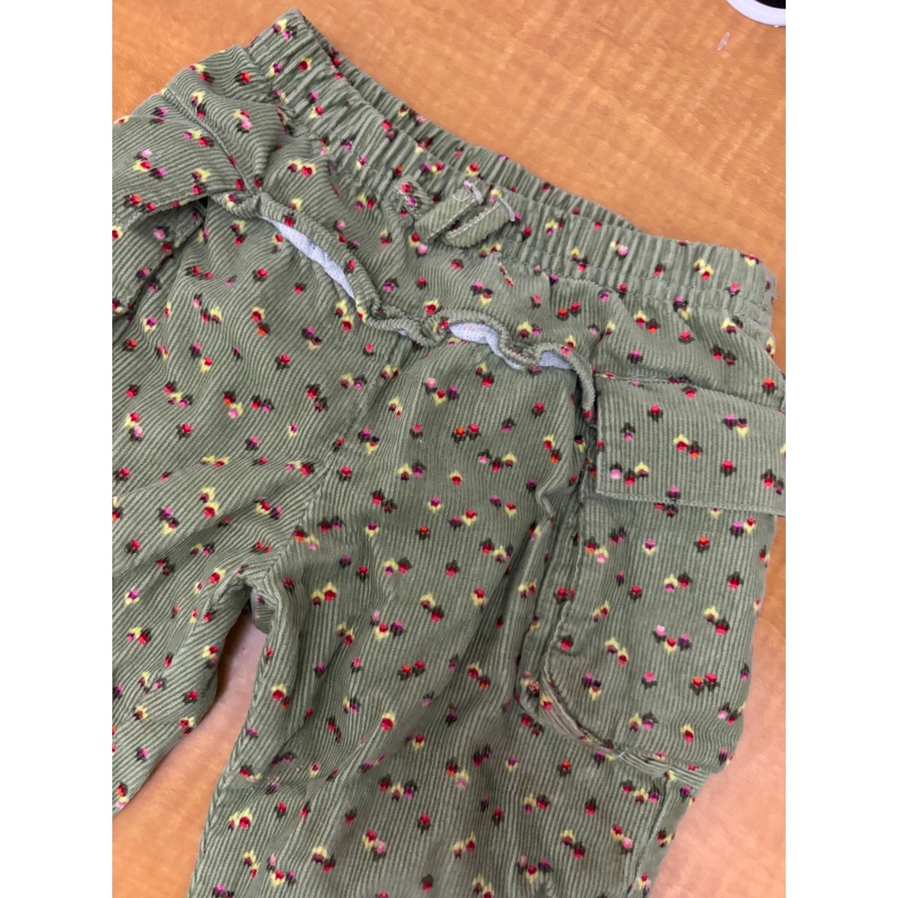 Y2K Gymboree Baby Girls Olive Green Floral Corduroy Cargo Pants Ruffle Hem 12-18